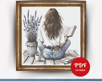 Patrón de punto de cruz de niña leyendo un libro, patrón de punto de cruz de niña, patrón de punto de cruz de mujer, archivo de patrón de punto de cruz en PDF, descarga digital