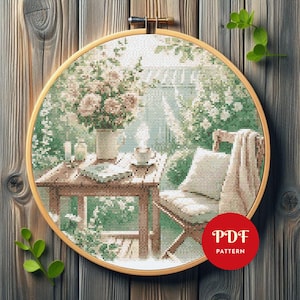 Garden Patio Cross Stitch Pattern, Floral Embroidery Design, Landscape Needlepoint Chart, Easy Cross Stitch PDF Pattern,Instant Download,DIY