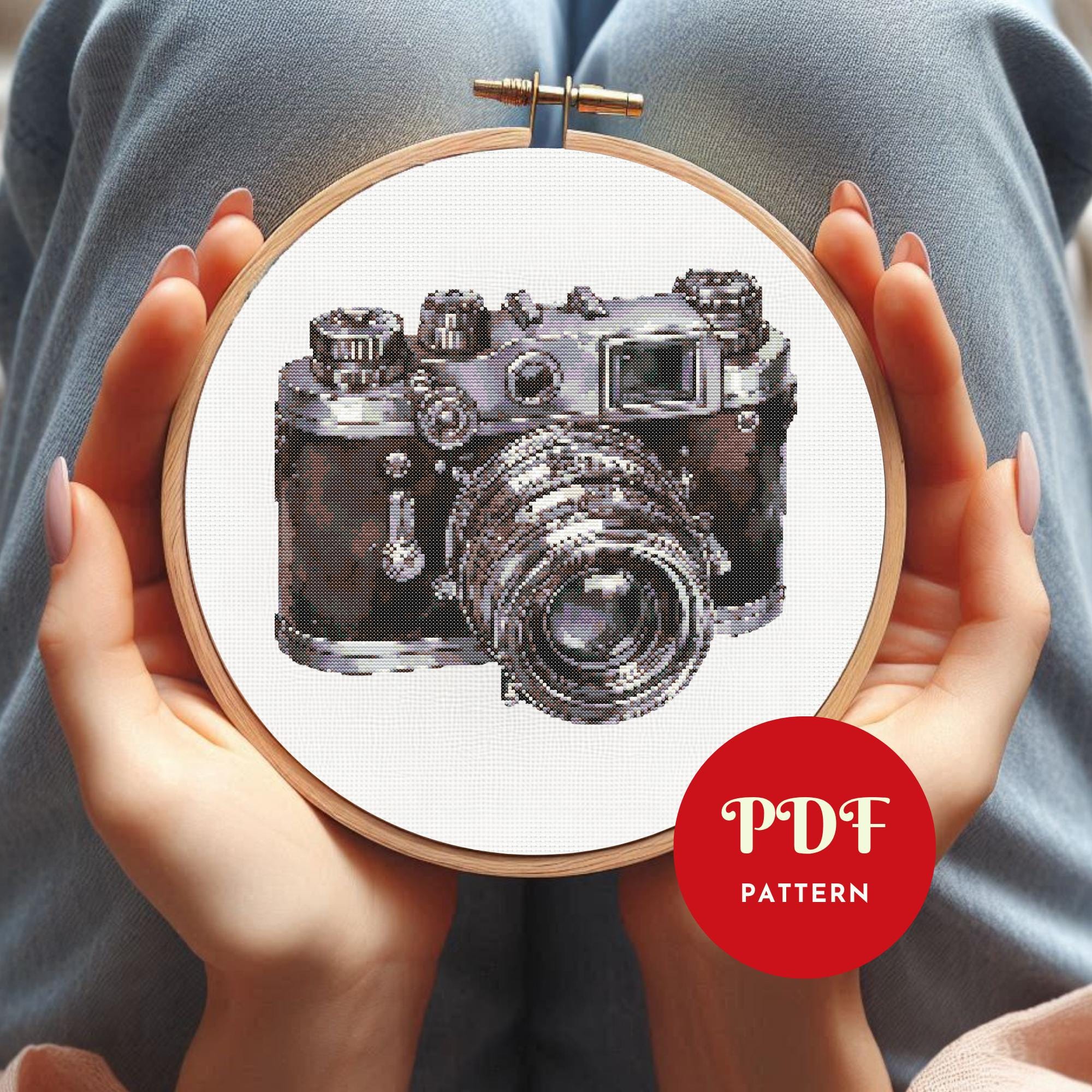 Vintage Photo Camera Cross Stitch Pattern, Retro Embroidery Design