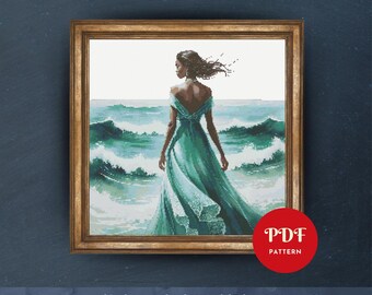 Seaside Woman Cross Stitch Pattern, Ocean Waves Embroidery Design, Coastal Needlepoint Chart,Easy Cross Stitch PDF Pattern,Instant pdf, DIY