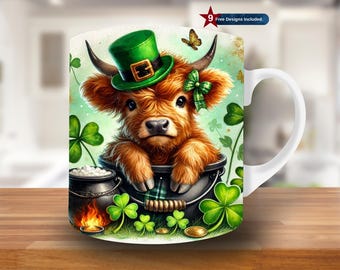 Cute Highland Cow St. Patricks Day Mug Wrap, 11oz & 15oz Mug Template, Pattys Mug Sublimation Design, Mug Wrap Template,Instant Download Png