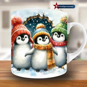 3D Cute Penguins Mug Wrap, 11oz & 15oz Mug Sublimation Design, Christmas Mug Template, Winter Mug Wrap Template, Instant Download PNG