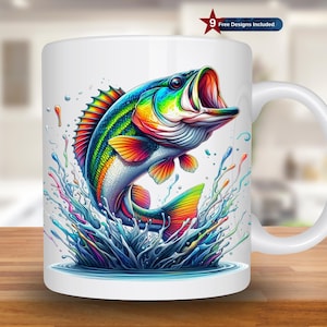 Colorful Largemouth Bass Mug Wrap, 11oz & 15oz Mug Template, Fisher Mug Sublimation Design, Coffee Mug Wrap Template, Digital Download PNG