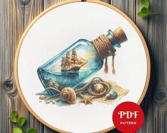 Schiff in einer Flasche Kreuzstichmuster, Nautische Stickdatei,Ozean Nadelpunktmuster, Einfaches Kreuzstich PDF Muster, Sofort-Download, DIY