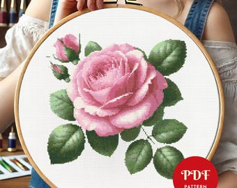 ピンクのバラのクロスステッチパターンPDF、花柄刺繍図案、花柄