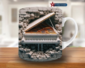 3D Piano Hole in a Wall Mug Wrap, 11oz & 15oz Mug Template, Mug Sublimation Design, Mug Wrap Template, Digital Download PNG, Classic, png