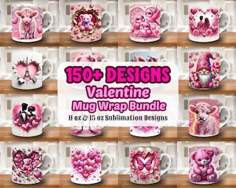 150 Valentine Mug Wrap Bundle, 11oz & 15oz Mug Template, Valentines Day Mug Sublimation Design, Heart Mug Wrap Template,Instant Download Png