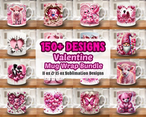 150 Valentine Mug Wrap Bundle, 11oz & 15oz Mug Template, Valentines Day Mug Sublimation Design, Heart Mug Wrap Template,Instant Download Png