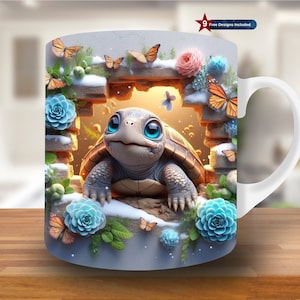 3D Baby Turtle Hole In A Wall Mug Wrap, 11oz & 15oz Mug Template, Mug Sublimation Design, Mug Wrap Template PNG, Turtle mug wrap png,Digital
