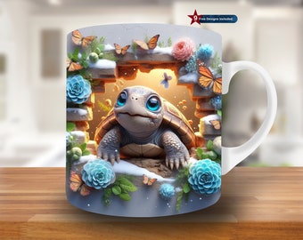 3D Baby Schildkröte Loch in einer Wand Becherverpackung, 11 Unzen und 15 Unzen Bechervorlage, Becher Sublimationsdesign, Becherverpackungsvorlage PNG, Schildkröte Becherverpackung png, Digital