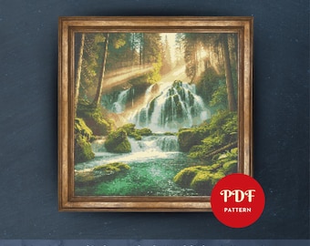 Waterfall Cross Stitch Pattern, Nature Landscape Embroidery Design, Needlepoint Chart, Easy Cross Stitch PDF Pattern, Instant Download, DIY