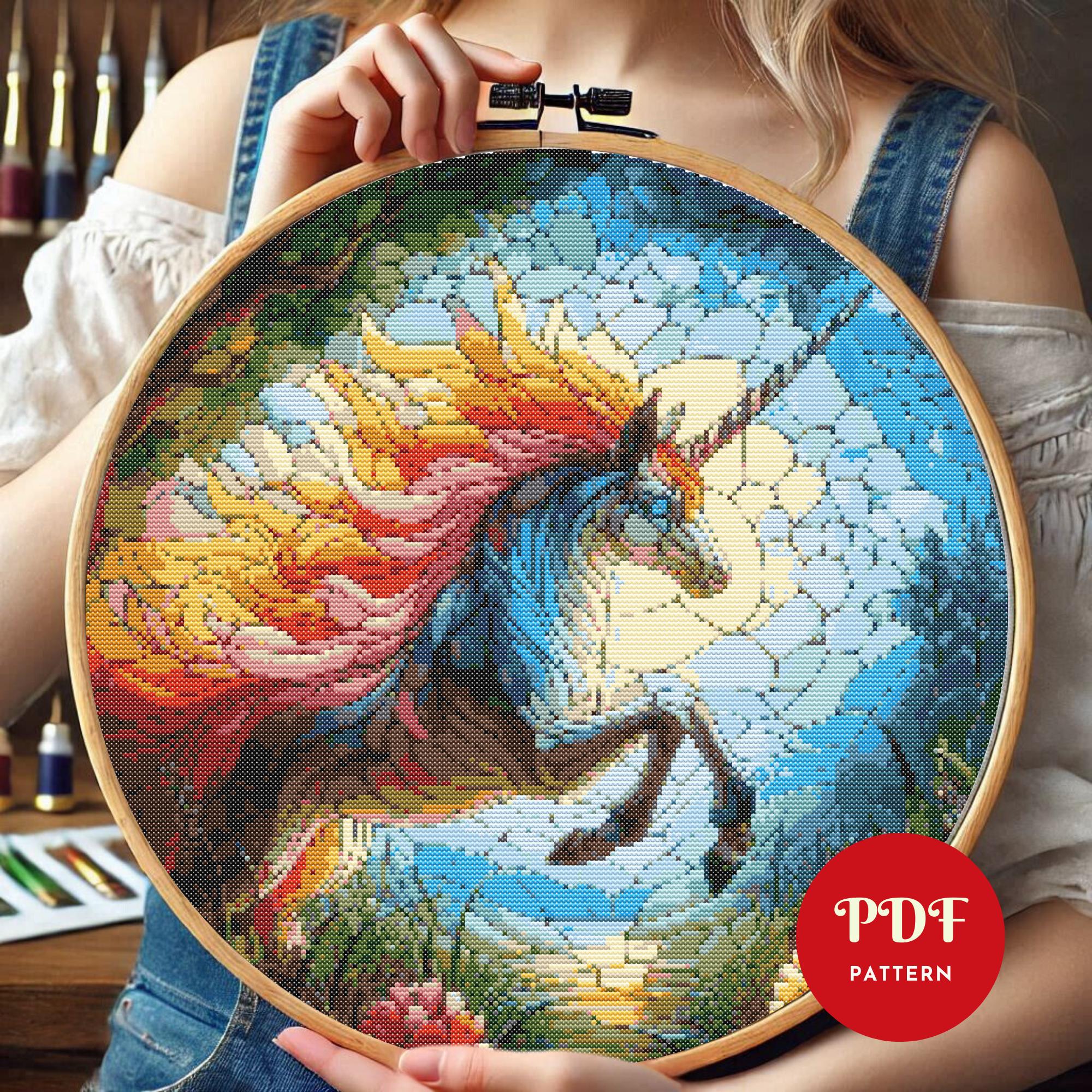 レインボーユニコーンのクロスステッチパターン、ステンドグラスの刺繍