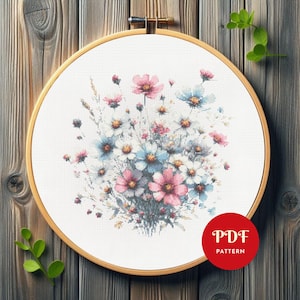 Wilde bloemen kruissteekpatroon, bloemenborduurpatroon, bloemenborduurontwerp, pdf-patroonbestand kruissteek, pdf direct downloaden