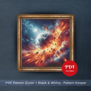 May include: A framed cross-stitch pattern depicting a colorful cosmic explosion with shades of blue, orange, and yellow. The frame is a warm gold color. The image includes the text "PDF Pattern" and "PDF Pattern (Color + Black & White) - Pattern Keeper".