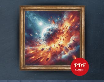 爆発する惑星のクロスステッチパターン、宇宙銀河の刺繍デザイン、SF