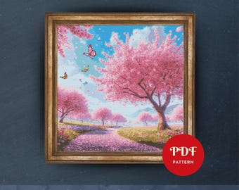 桜のクロスステッチ図案、ロマンチックな春の小道の刺繍デザイン、桜