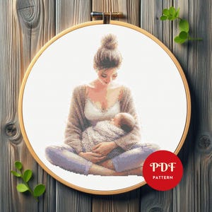 Moeder met baby kruissteekpatroon, vrouwelijk borduurontwerp, vrouw borduurpatroon, eenvoudig pdf-kruissteekpatroon, direct downloaden, doe-het-zelf