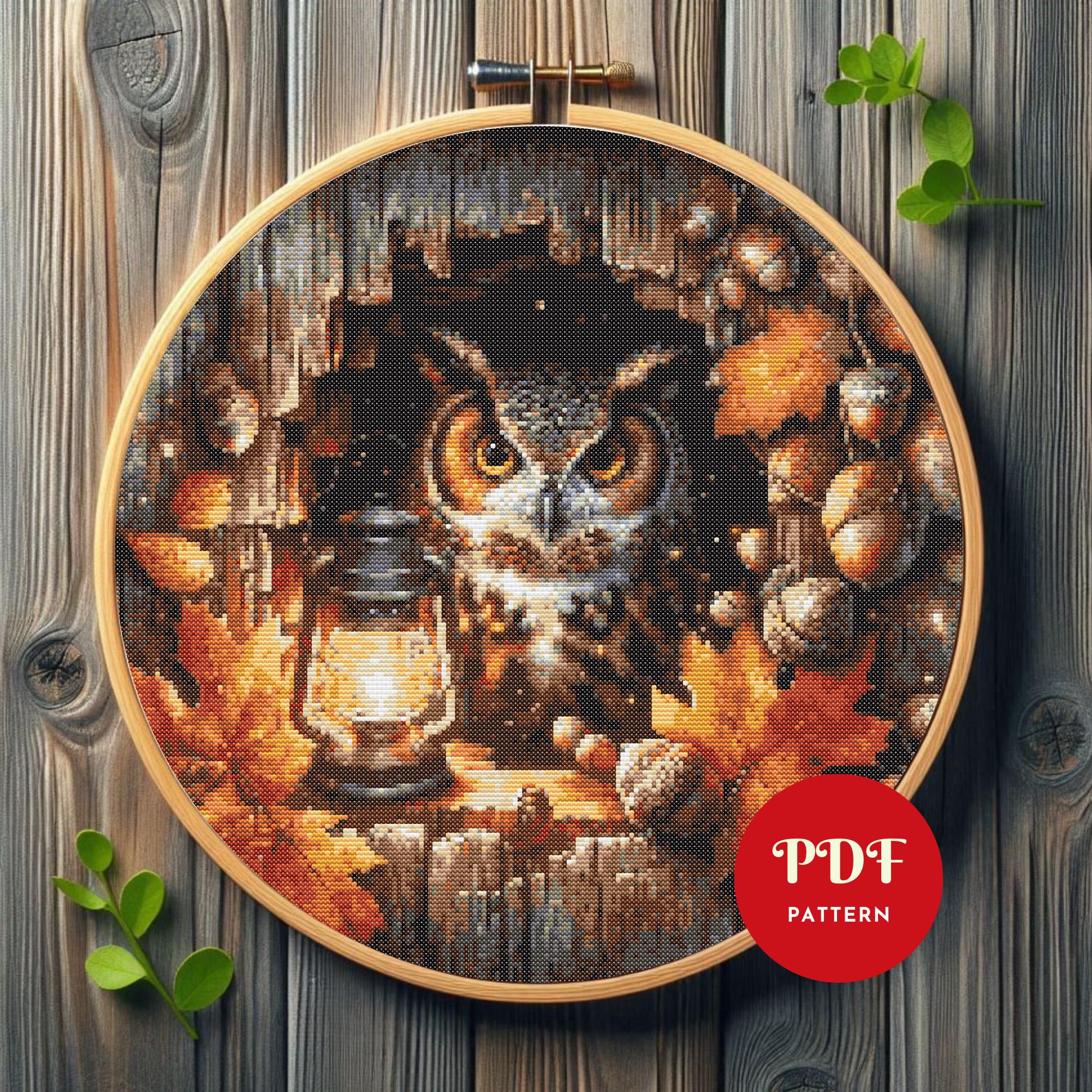 Owl Lantern Cross Stitch Pattern, Autumn Forest Embroidery Design, Fall Needlepoint Chart,Easy Cross