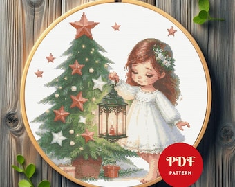Fille de Noël avec lanterne, motif point de croix PDF, broderie de Noël (compatible avec Pattern Keeper, téléchargement immédiat)