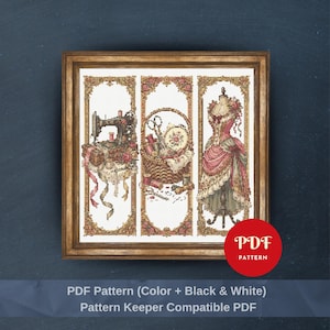 May include: A framed cross-stitch pattern featuring three panels with sewing-themed images. The panels depict a sewing machine, a basket of sewing supplies, and a dress form. The color palette includes pink, red, and cream tones. The text "PDF Pattern" is visible.