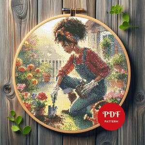 Gardener Girl Cross Stitch Pattern, Botanical Embroidery Design,Woman Needlepoint Chart,Spring Cross Stitch PDF Pattern,Digital Download,DIY
