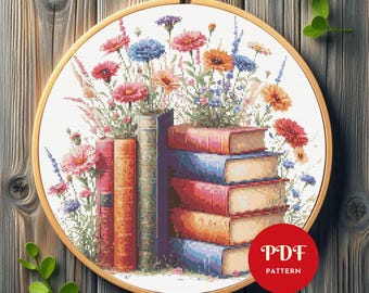 Padrão de ponto cruz de livros e flores, design de bordado de biblioteca, gráfico de ponto cruz, padrão de ponto cruz fácil em PDF, download instantâneo, faça você mesmo