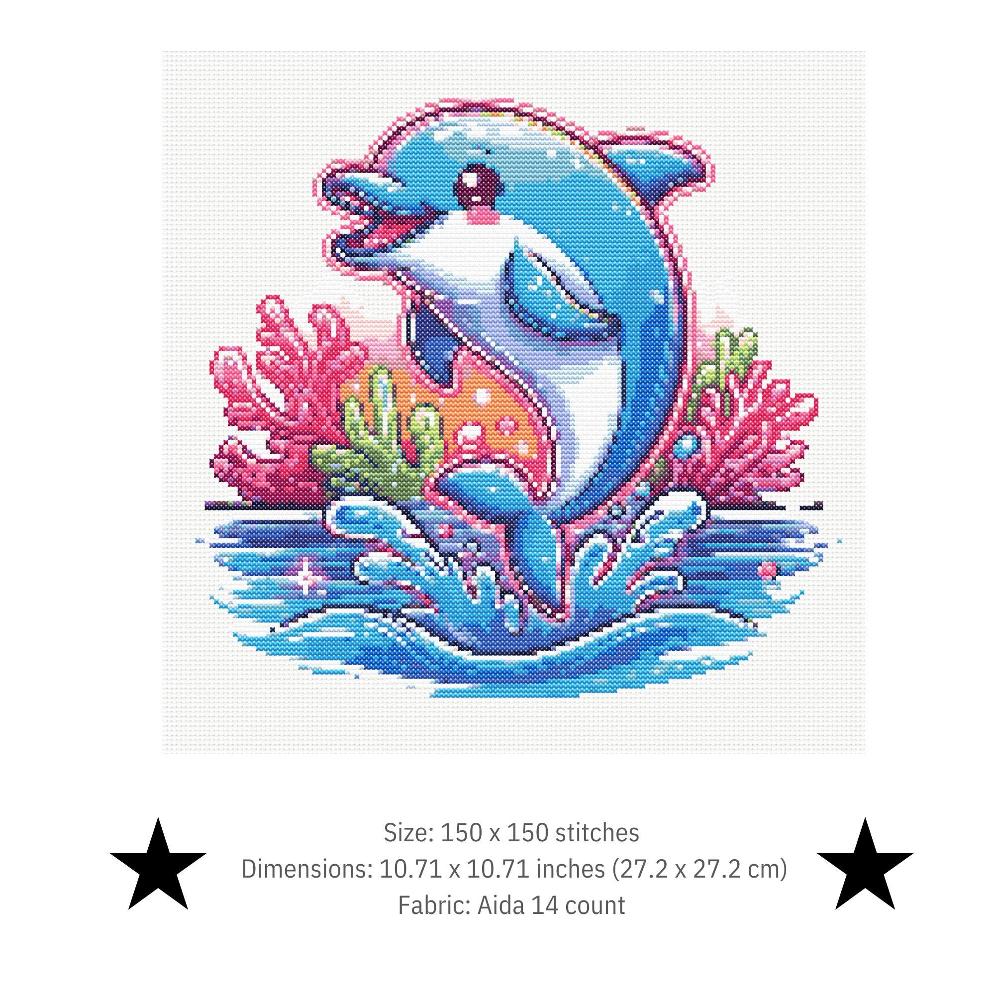 イルカのクロスステッチパターン、夏の刺繍パターン、海の刺繍デザイン