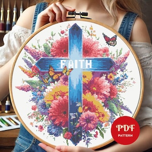 Cross and Flowers Cross Stitch Pattern, Faith Embroidery Pattern, Christian Embroidery Design,Cross Stitch PDF Pattern File,Digital download