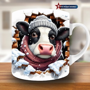3D Winter Cow Hole in a Wall Mug Wrap, 11oz & 15oz Mug Template, Christmas Mug Sublimation Design, Mug Wrap Template, Instant Download PNG
