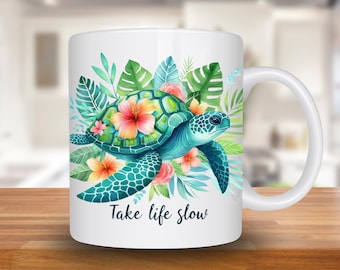 Sea Turtle and Tropical Flowers Mug Wrap, 11oz & 15oz Mug Template,Mug Sublimation Design, Mug Wrap Template PNG,Turtle mug wrap png,Digital
