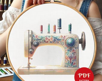 Sewing Machine Cross Stitch Pattern, Sewing Embroidery Stitch Pattern, Embroidery, Girl Cross Stitch PDF Pattern File, Digital download pdf