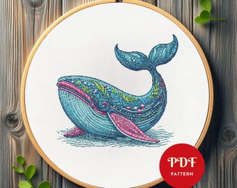 Whale Cross Stitch Pattern, Ocean Animal Embroidery Design, Sea Needlepoint Chart, Easy Cross Stitch PDF Pattern, Instant Download, DIY