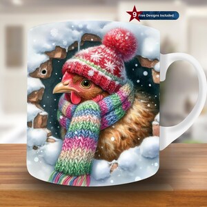 3D Winter Chicken Hole in a Wall Mug Wrap, 11oz & 15oz Mug Template, Christmas Mug Sublimation Design,Mug Wrap Template,Instant Download PNG