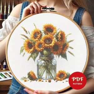 Sunflowers in Vase Cross Stitch Pattern, Flower Embroidery Pattern, Floral Embroidery Design,Cross Stitch PDF Pattern File, Digital download