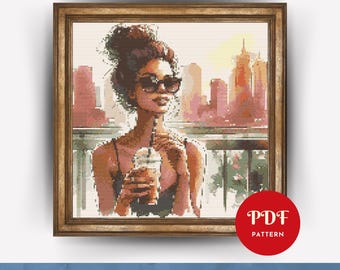 Girl Drinking Coffee Cross Stitch Pattern, Female Embroidery Design, Woman Needlepoint Chart, Cross Stitch PDF Pattern, point de croix ,DIY