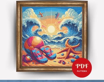 Beach Sunset Cross Stitch Pattern PDF, Summer Embroidery (Pattern Keeper Compatible, Instant Download)