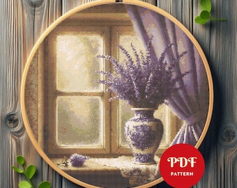 Lavender Flower Cross Stitch Pattern, Floral Vase Embroidery Design, Needlepoint Chart, Easy Cross Stitch PDF Pattern, Digital Download, DIY