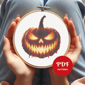 Scary Pumpkin Cross Stitch Pattern, Glowing Lantern Embroidery Design, Halloween Horror Needlepoint Chart, Creepy Pumpkin PDF Pattern, DIY
