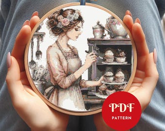 Mädchen machen Kuchen Kreuzstichmuster PDF, Frau Stickerei (Pattern Deco, Instant Download)