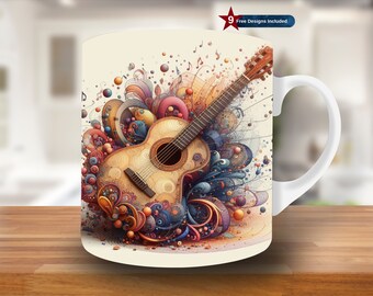 Kubek 3D Vintage Guitar and Music Notes, szablon kubka 11oz i 15oz, projekt sublimacji kubka retro, szablon kubka, pobieranie cyfrowe PNG
