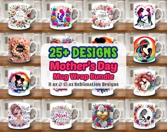 25 Mother's Day Mug Wrap Bundle, 11oz & 15oz Mug Template, Mama Mug Sublimation Design, Mother Mug Wrap Template Design,Instant Download Png