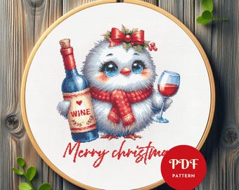 Patrón de punto de cruz de pollito navideño, diseño de bordado de vino, gráfico divertido de bordado, patrón de punto de cruz fácil en PDF, descarga instantánea, bricolaje