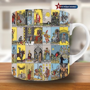 Tarot Deck Mug Wrap, 11 Unzen 15 Unzen Becher Vorlage, Fortune Mug Sublimationsdesign, Kaffeetasse Wrap Vorlage, sofortiger digitaler Download PNG, Tarot