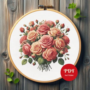 Roses Bouquet Cross Stitch Pattern, Flower Embroidery Pattern, Floral Embroidery Design, Cross Stitch PDF Pattern File, Digital download