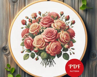 Roses Bouquet Cross Stitch Pattern, Flower Embroidery Pattern, Floral Embroidery Design, Cross Stitch PDF Pattern File, Digital download