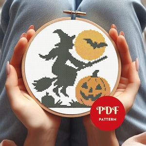 Winziges Halloween Kreuzstichmuster, Kürbis Stickmuster, Hexe Nadelspitze Stickmuster, einfaches Kreuzstichmuster, PDF Muster, Sofort-Download
