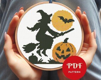 Petit modèle de point de croix d'Halloween, motif de broderie citrouille, tableau de broderie sorcière, modèle PDF facile au point de croix, téléchargement immédiat, bricolage