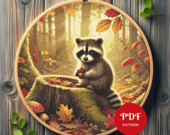 Raccoon Cross Stitch Pattern PDF, Cozy Autumn Embroidery (Pattern Keeper Compatible, Instant Download)