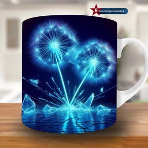 3D Dandelion and Crystal Mug Wrap, 11oz & 15oz Mug Design, Flower Mug Sublimation Design, Mug Wrap Template PNG, Digital Download,neon, blue