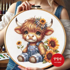 Highland Cow-kruissteekpatroon PDF, bloemenborduurwerk (compatibel met patroonhouder, direct downloaden)